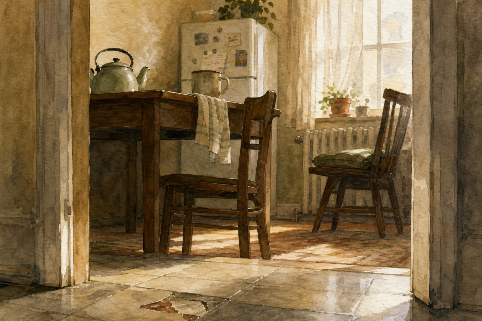 Sunlit kitchen corner with wooden chairs, steaming teapot, and potted plants on windowsill