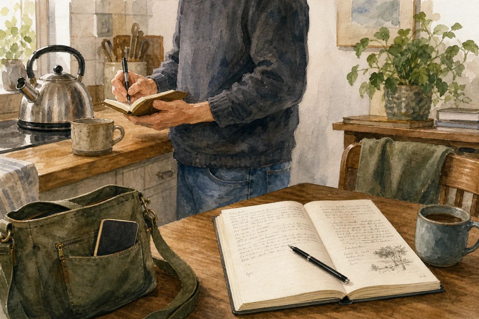 Person writing in a small notebook near a kitchen counter with a kettle and mug in warm natural light