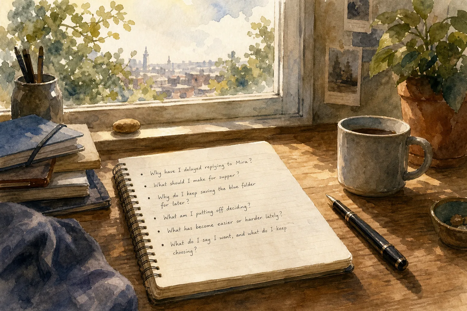 Notebook with handwritten list on wooden desk near window with potted plant and cup of coffee