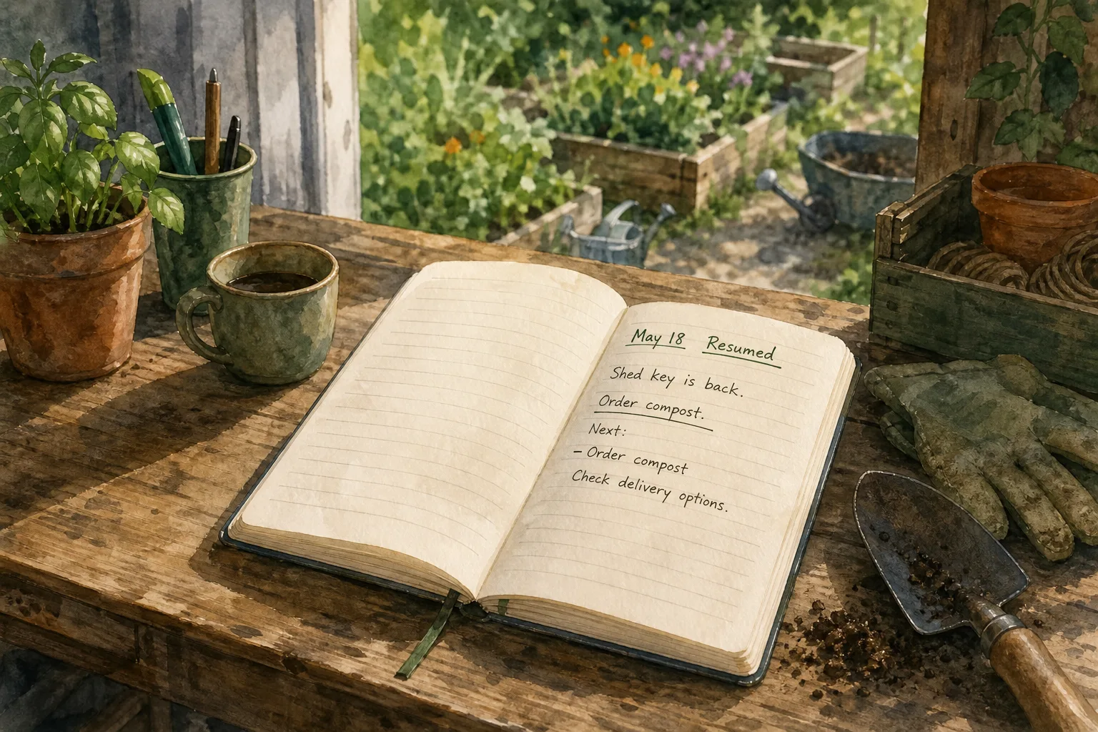 Open notebook on wooden table with gardening gloves, trowel, plant, cup of coffee, and pens beside garden beds