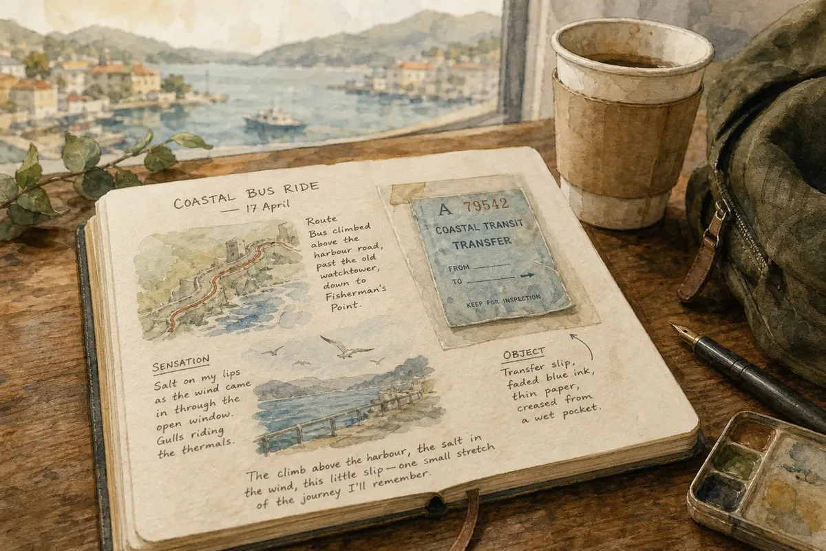 Open travel journal with coastal bus ride notes, watercolor sketches, and ticket on wooden table