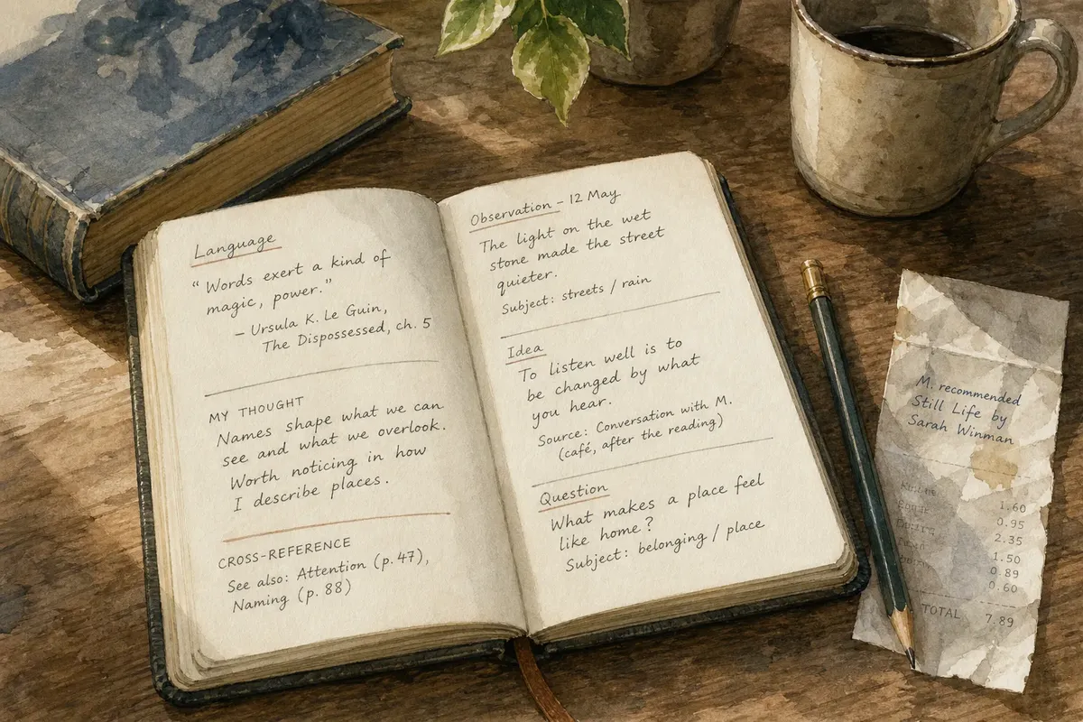Open notebook with handwritten notes, worn hardcover book, pencil, coffee cup, and crumpled receipt on a wooden table