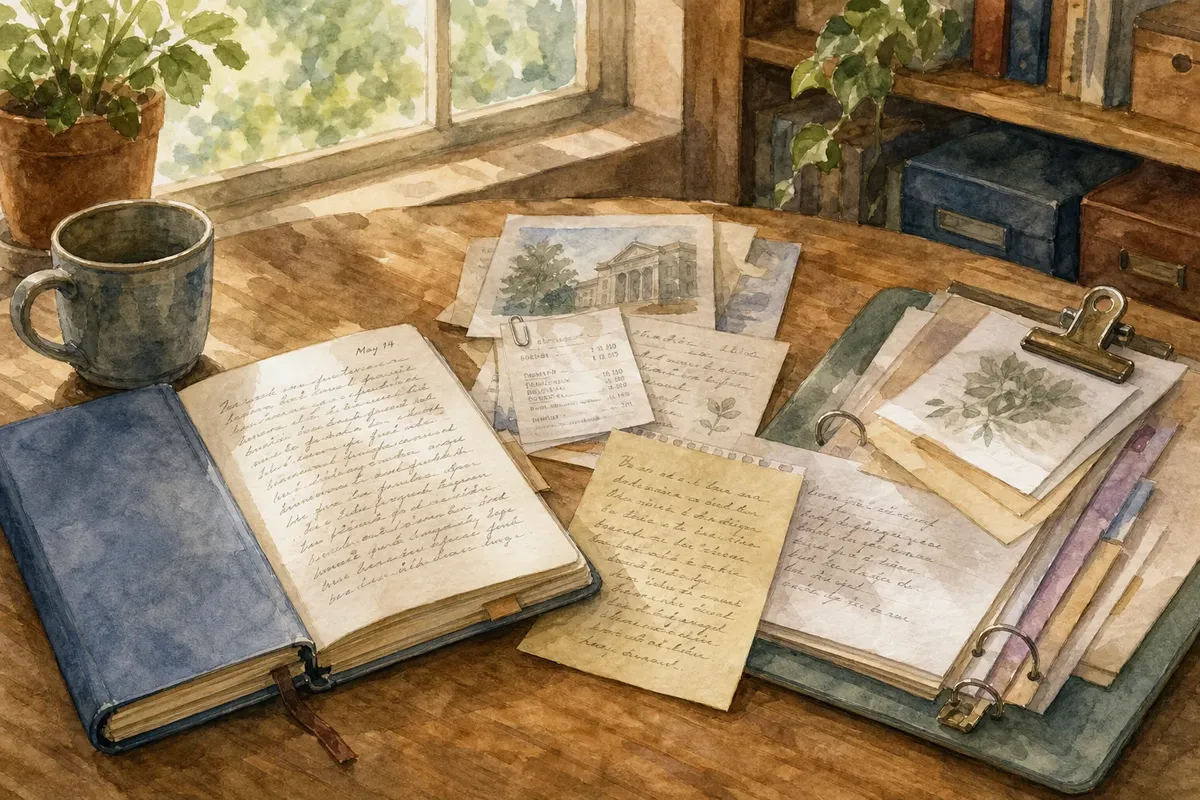 Sunlit wooden desk with open notebooks, loose pages, handwritten notes, a coffee mug, and potted plants by a window