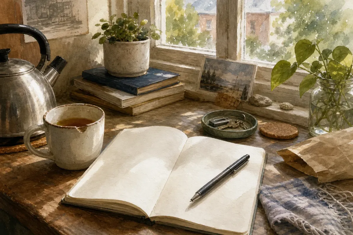 Sunlit wooden table by window with open notebook, pen, teacup, kettle, potted plants, and stacked books