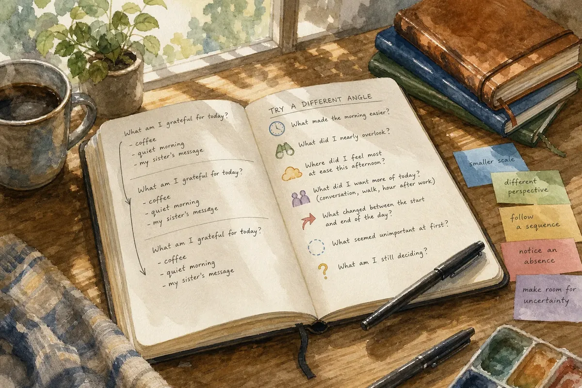 Open journal on wooden table with handwritten gratitude entries and reflective questions next to pens and sticky notes